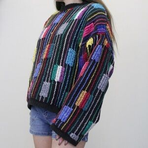 VTG Allen Wah Sweater Rainbow Embroidered Large Cotton Blend 80s 90s EUC